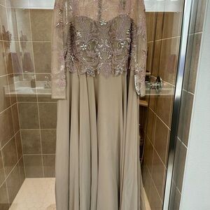 Elegant Taupe Women's Dress with Pale Pink Beading
